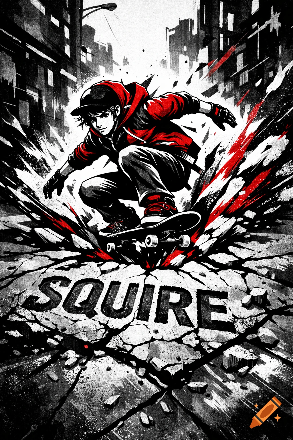 Monochrome graphic novel illustration of a skater on a skateboard bursting through concrete with red accents and "SQUIRE" text.
