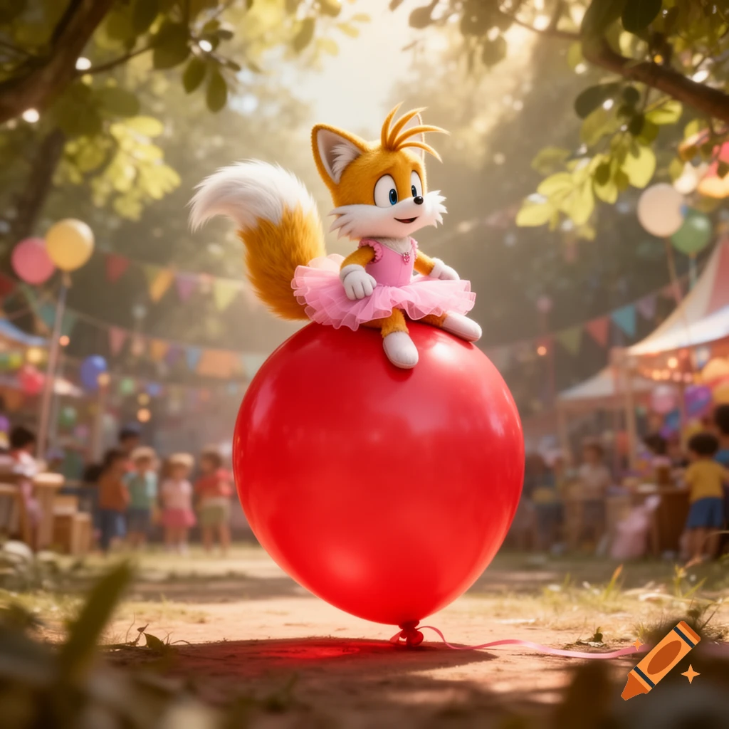 Tails the fox in a pink ballerina tutu sits atop a giant red balloon at a sunny outdoor carnival.
