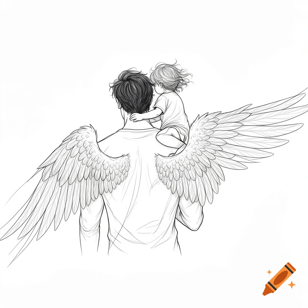 Line art illustration of a man with angel wings carrying a child on his shoulders, viewed from the back.