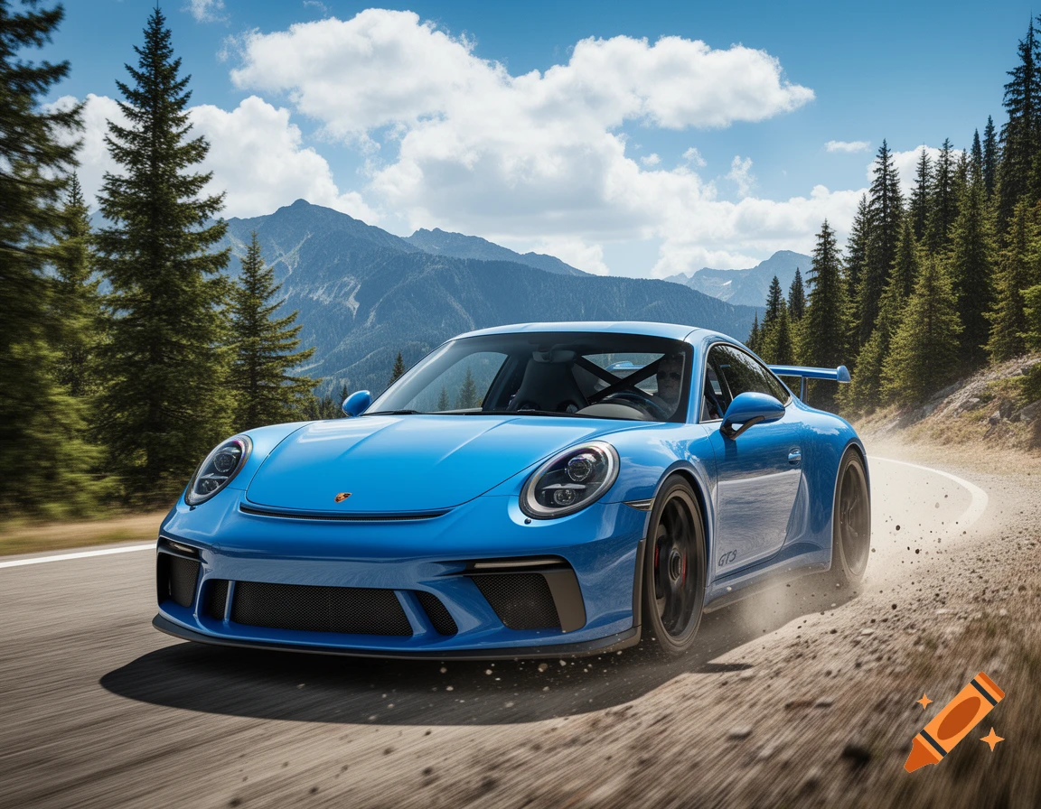 A vibrant blue Porsche sports car kicks up dust while driving on a winding dirt road through a mountainous forest landscape under a blue sky.