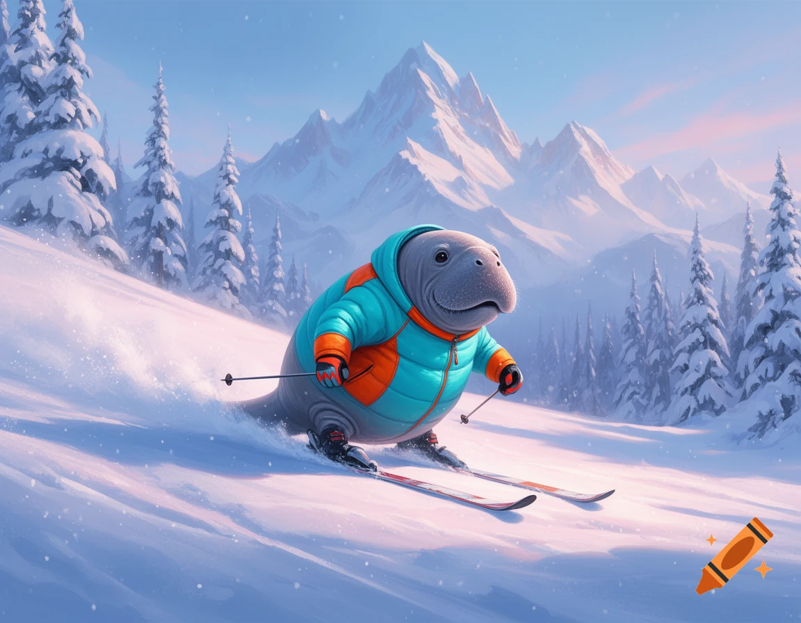 A cartoon manatee in a blue and orange winter jacket skis down a snowy mountain slope with pine trees and distant peaks.