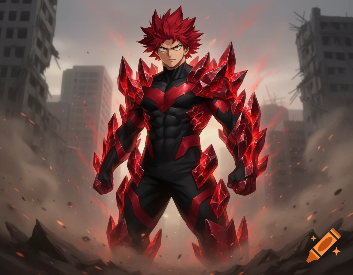 An anime character with red spiky hair and black armor adorned with ...