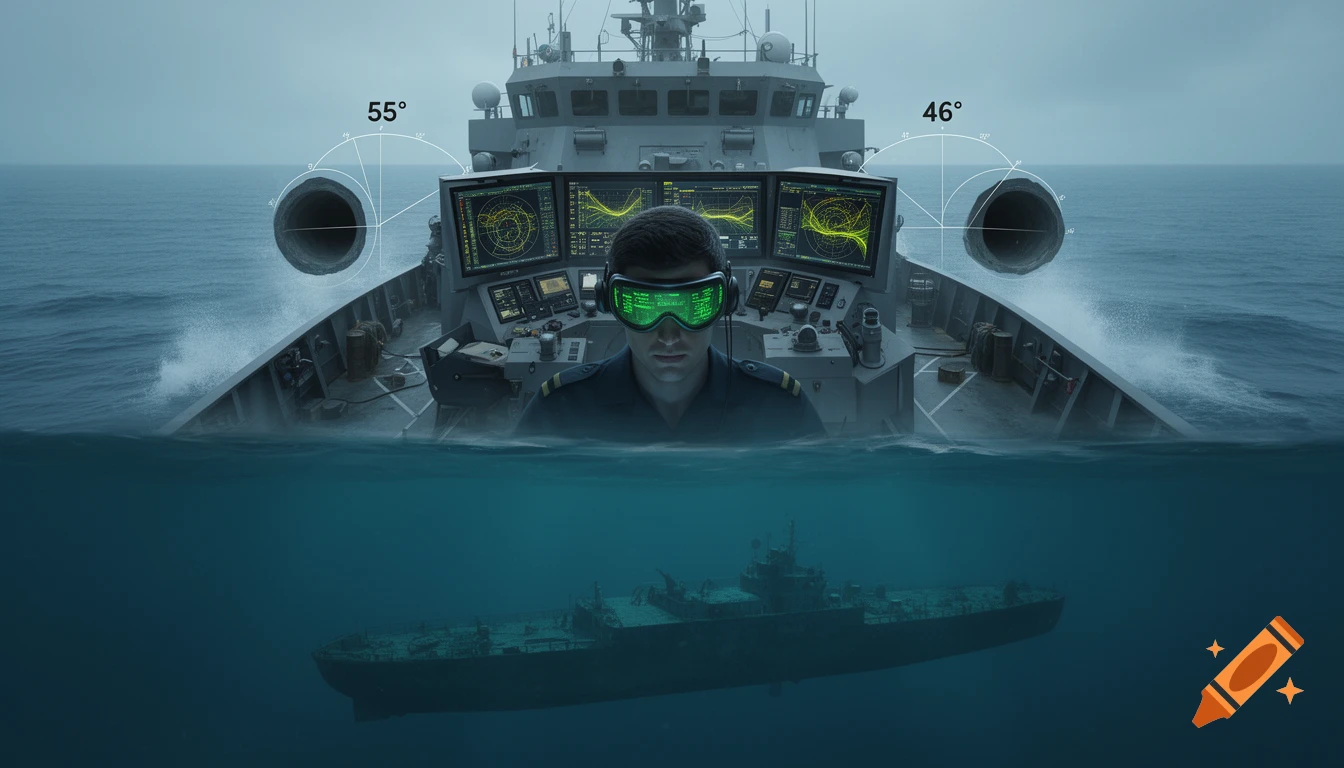 Photorealistic image of a radar operator on a ship, viewing screens while a sunken vessel lies beneath, with 55 ° and 46 ° angles shown.