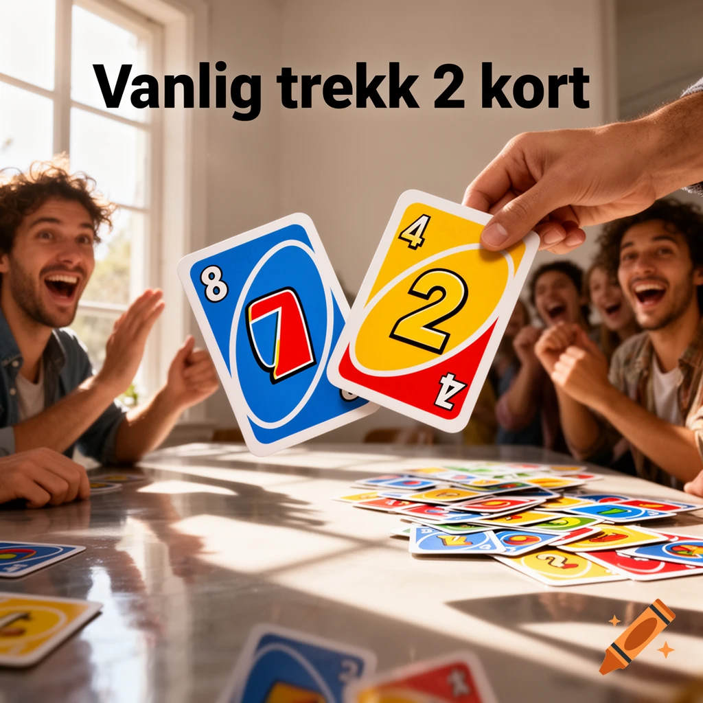 A group of friends enthusiastically playing Uno, with two cards (blue 7 and yellow 2) floating above the table, and the text "Vanlig trekk 2 kort" overlayed.