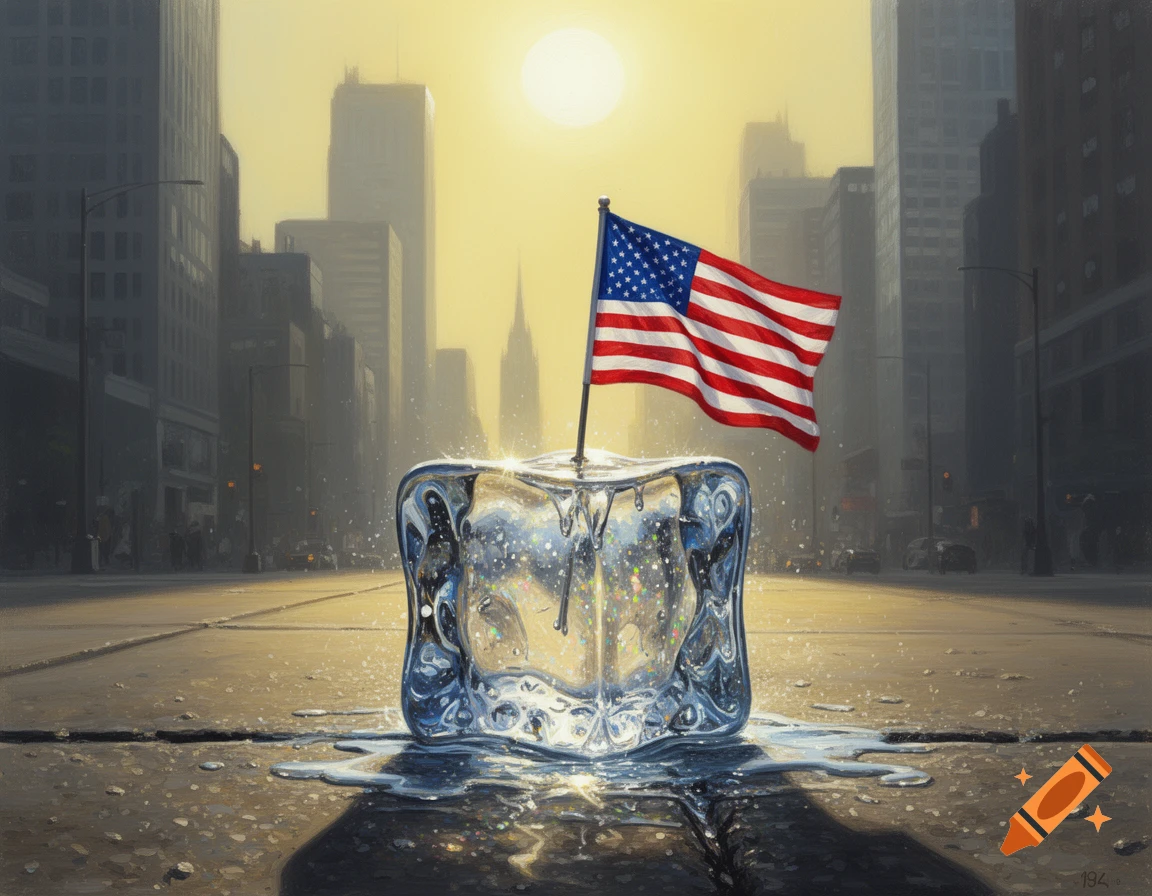 An American flag in a melting ice cube on city pavement under a hot sun, with a hazy cityscape in a realistic painting.