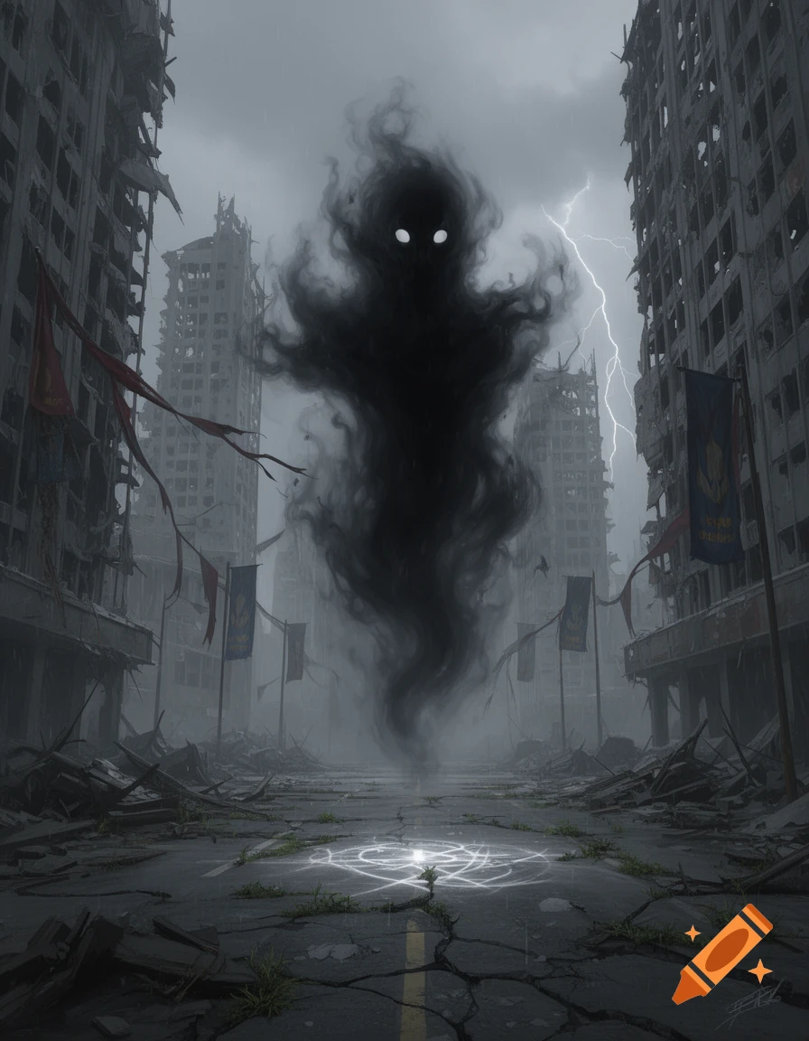 A dark, smoky ghost with glowing eyes hovers over a magic circle in a ruined, rainy city under a stormy, lightning-filled sky.
