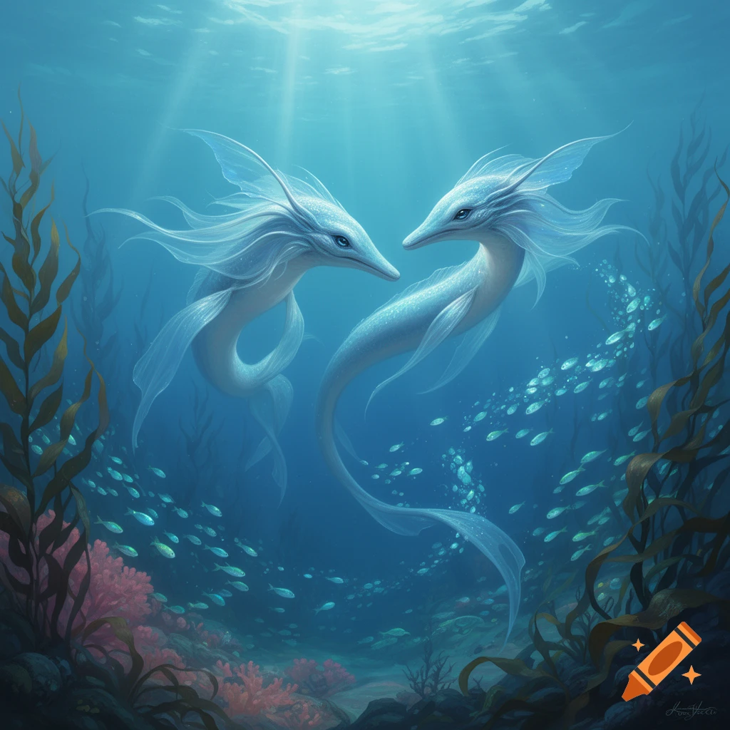 Two elegant, light blue, serpentine sea creatures with fins swimming in a vibrant coral reef, bathed in sunlit ocean depths.