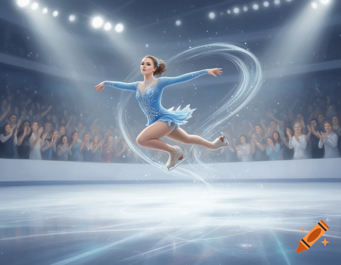 A female figure skater in a blue costume jumps gracefully on an ice rink, surrounded by light trails, with a blurred audience in the background.
