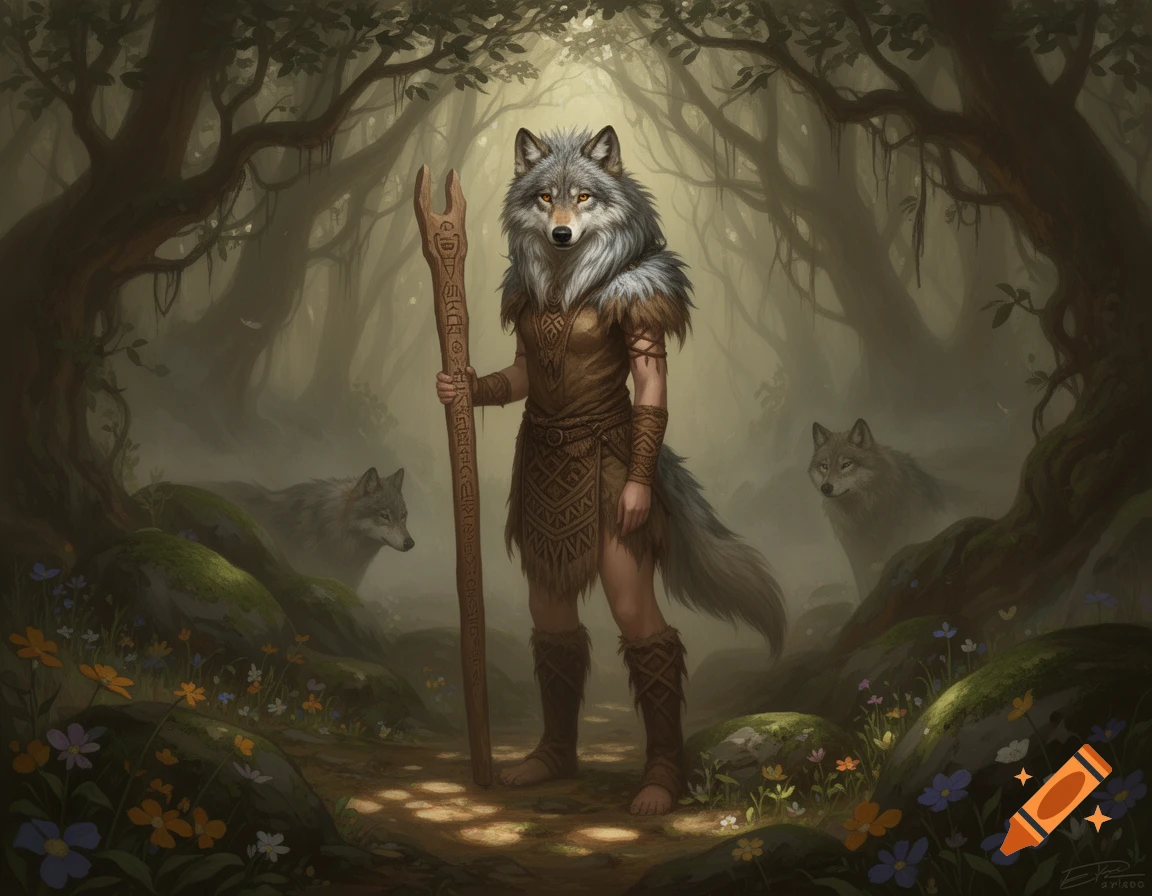 A humanoid wolf with a staff stands in a misty forest surrounded by wildflowers and two other wolves.