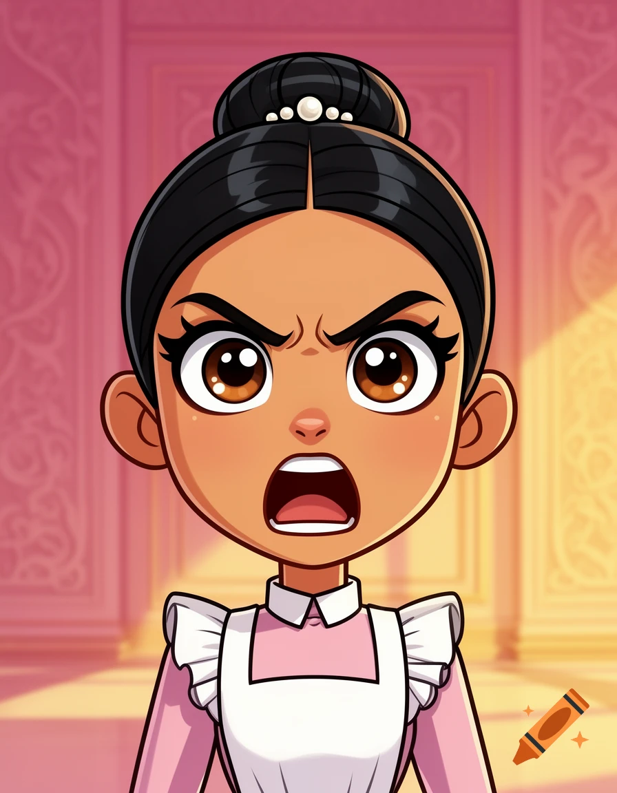 Cartoon woman with olive skin and a bun, wearing a pink maid uniform with a white apron, yelling in a pink palace.