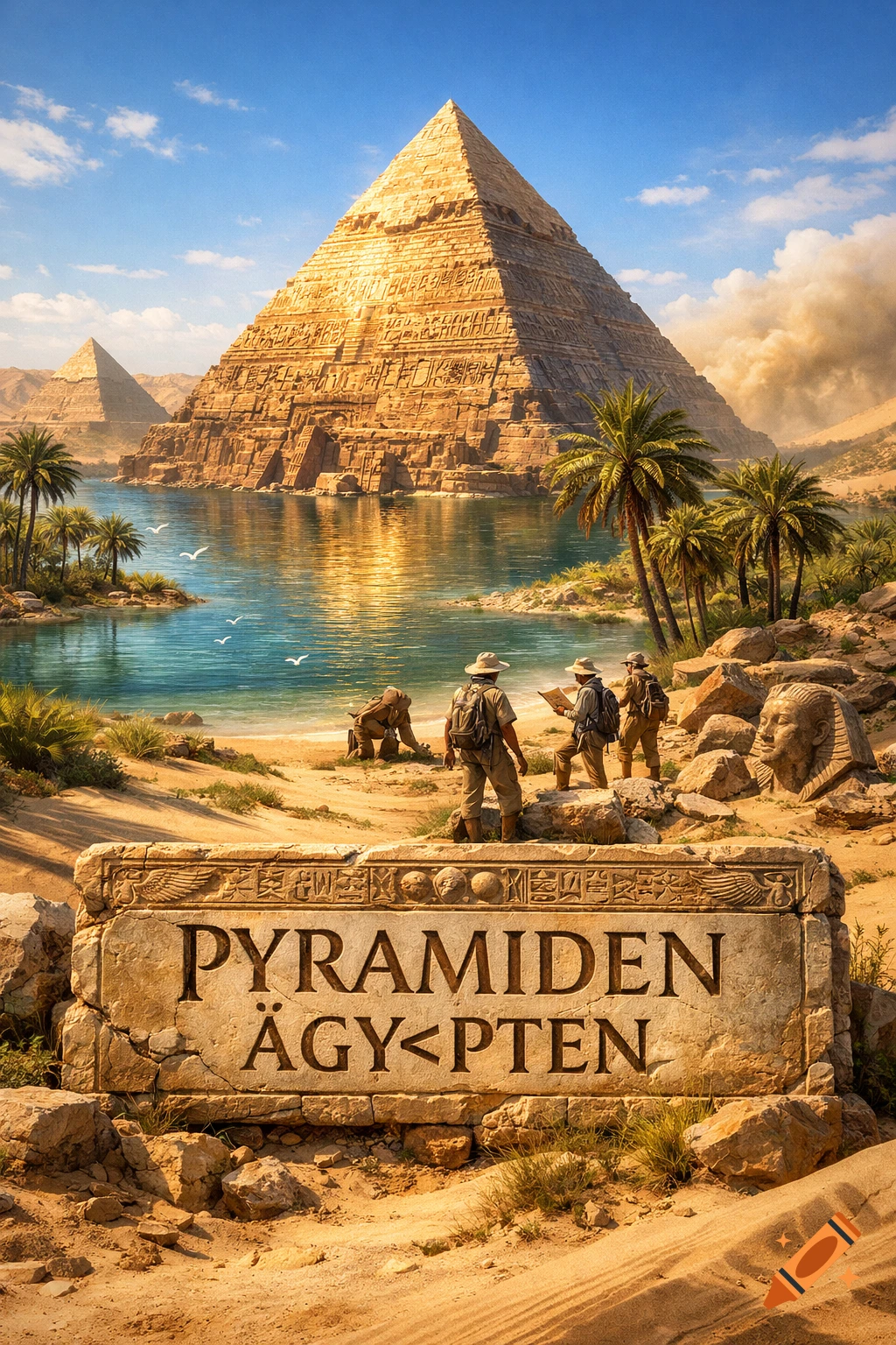 Photorealistic scene of Egyptian pyramids by a lake, explorers on a sandy shore, and a stone sign reading "PYRAMIDEN ÄGY<PTEN".