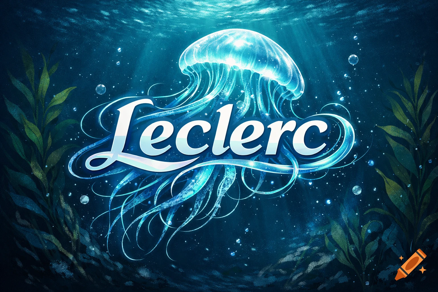 A glowing blue jellyfish with long tendrils forms part of an underwater scene with the word "Leclerc" in white script in front of it, surrounded by bubbles and kelp.