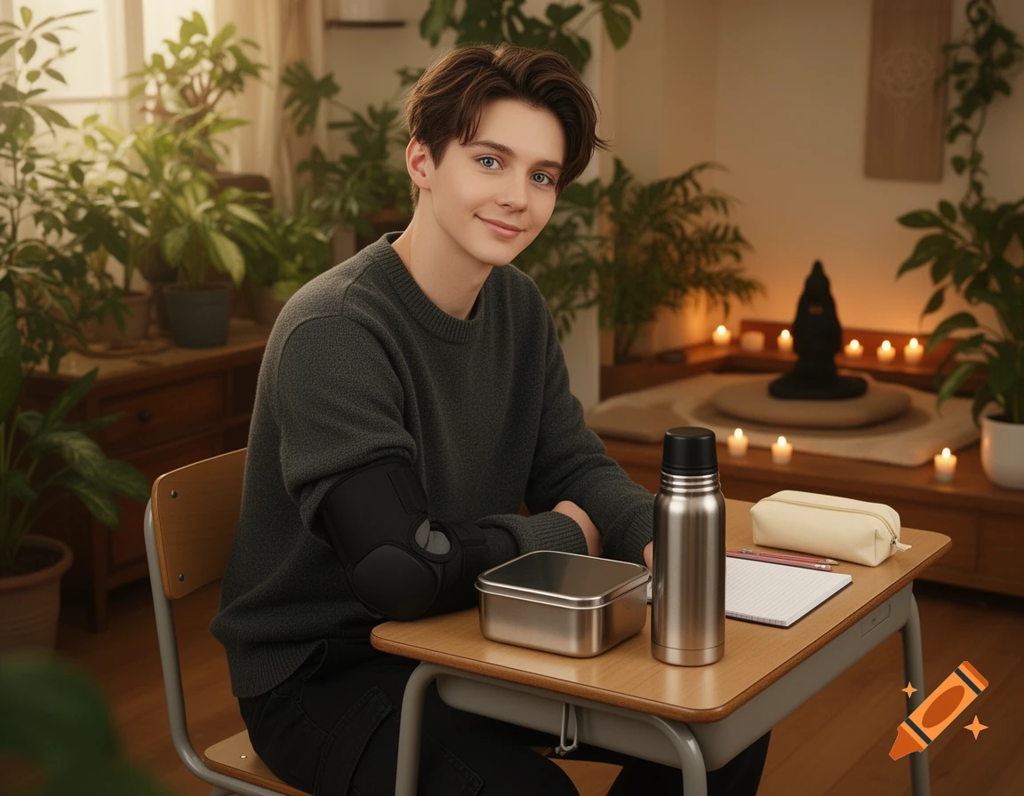 A smiling young person with dark hair sits at a school desk with a lunchbox and thermos, in a cozy, plant-filled room.