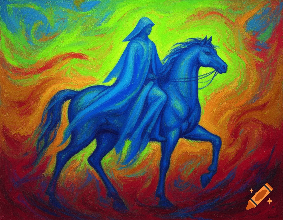 Expressionist painting of a blue cloaked figure riding a blue horse against a vibrant swirling background of green, yellow, orange, and red.