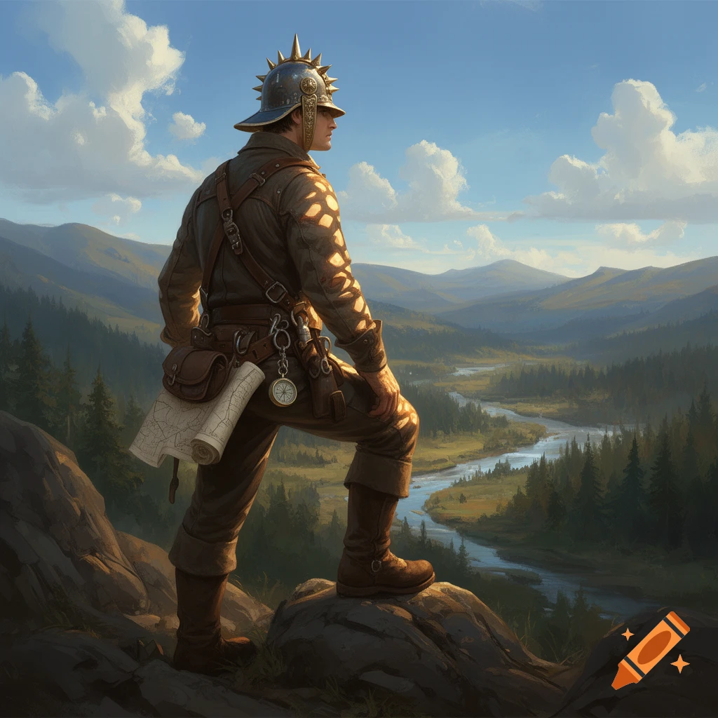 An adventurer wearing a spiked helmet and leather gear stands on a rock ...