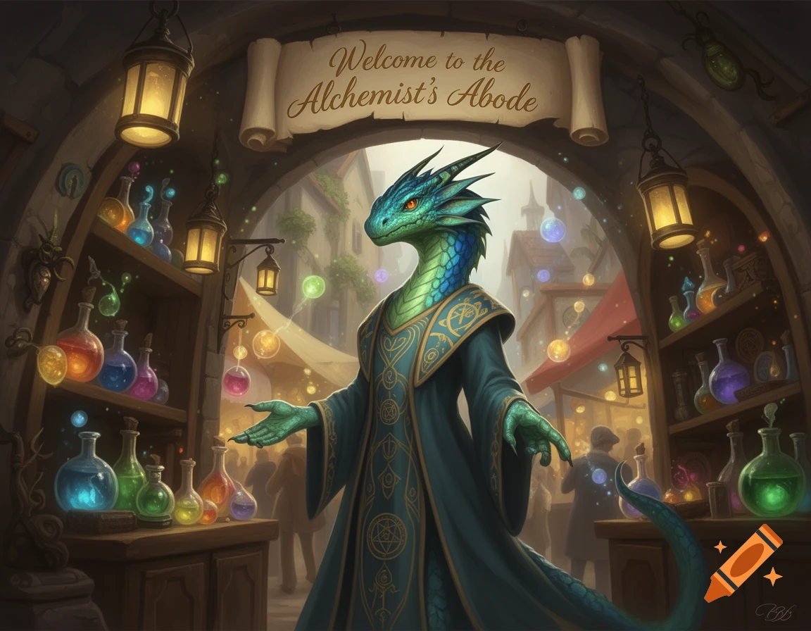 A teal dragon-kin in a blue robe welcomes you to an alchemy shop filled with colorful potions and lanterns under a 'Welcome to the Alchemist's Abode' sign.