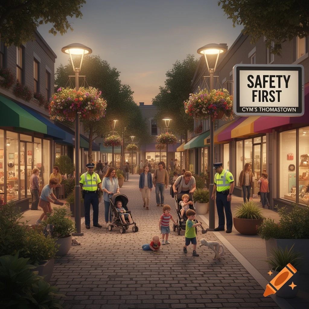 A bustling town square at dusk, with shops, families, children, and officers. A prominent sign reads 'SAFETY FIRST CYM'S THOMASTOWN'.