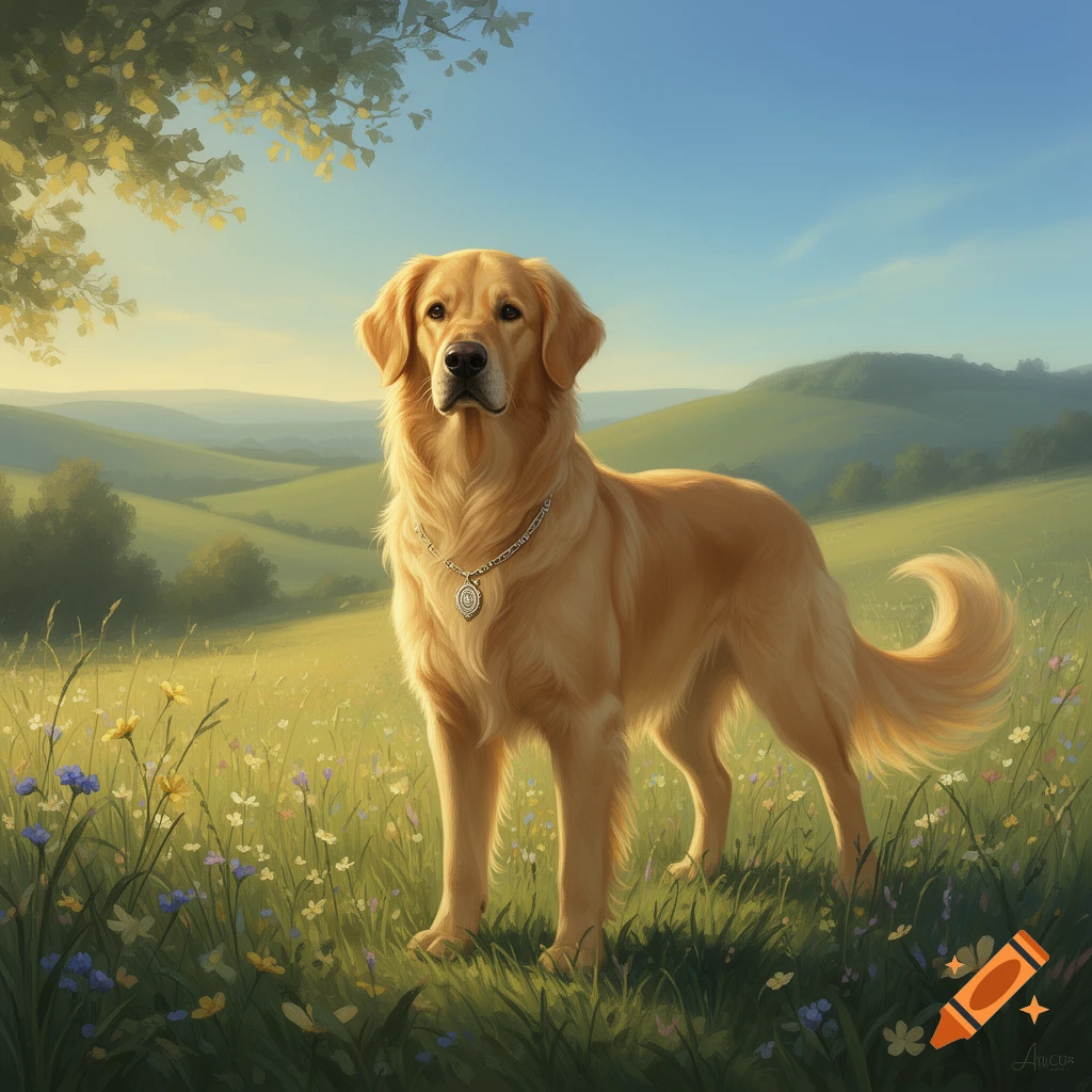 A golden retriever stands in a sunny field of wildflowers with rolling ...