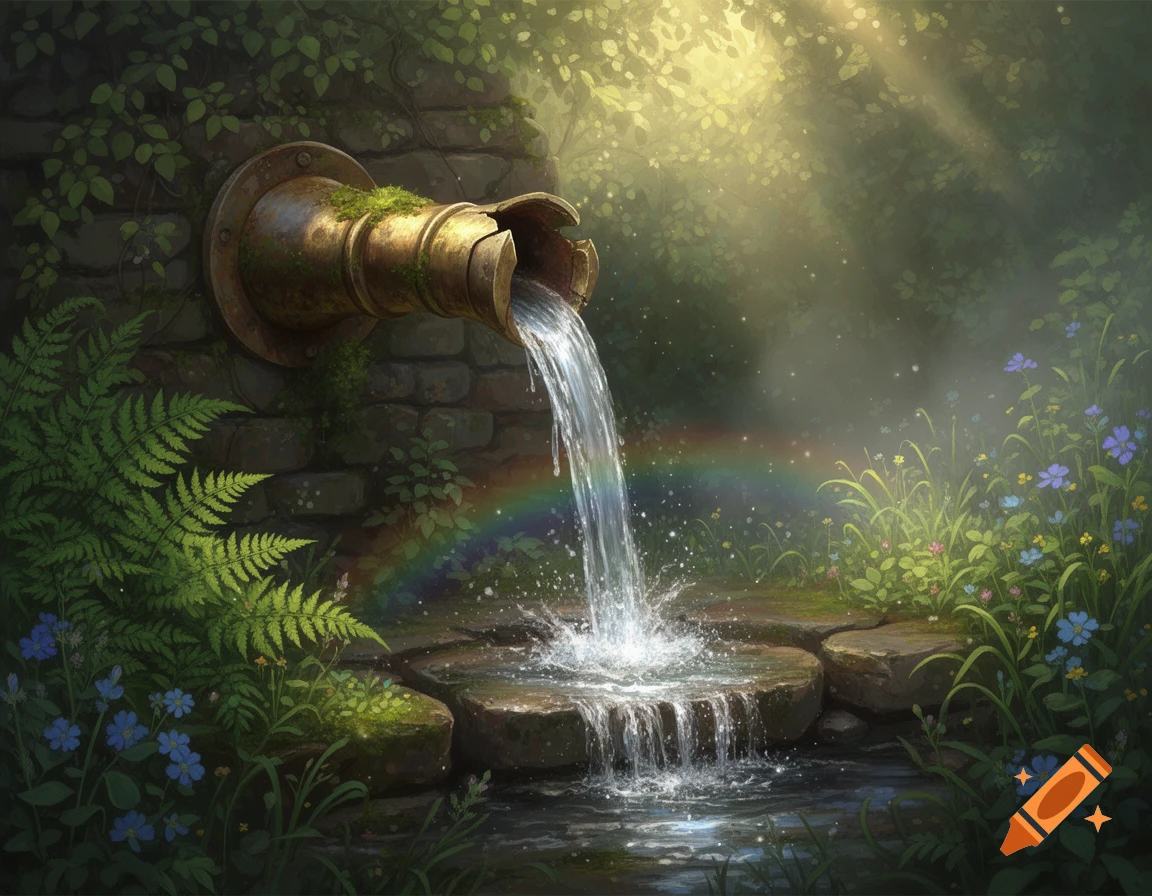 A broken metal pipe spouts water into a stream in a lush, sunlit forest with a subtle rainbow.
