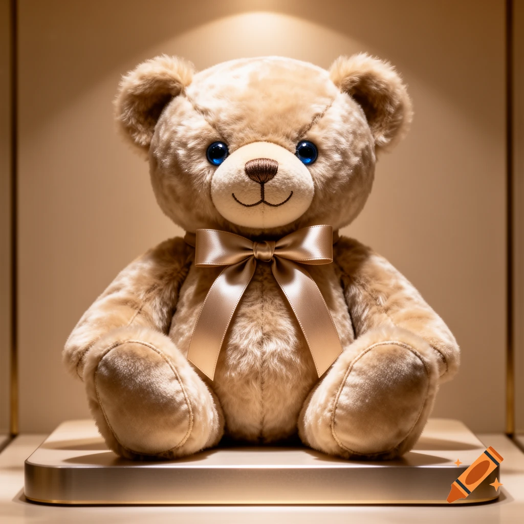 A photorealistic fluffy beige teddy bear with bright blue eyes and a gold satin bow sits on a lighted display platform.