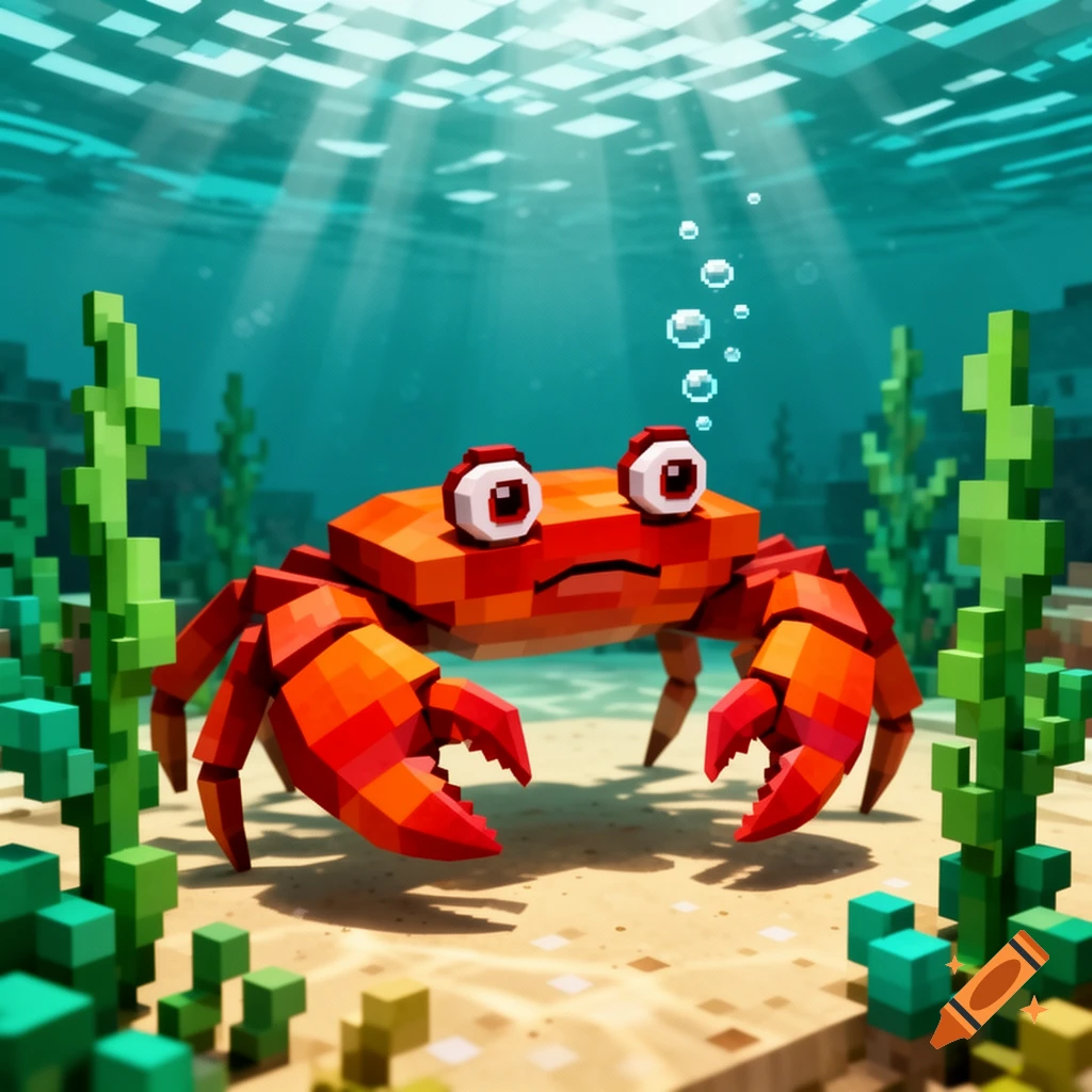 A blocky red crab with big eyes swims underwater amidst green seaweed, in a vibrant Minecraft-style digital art.