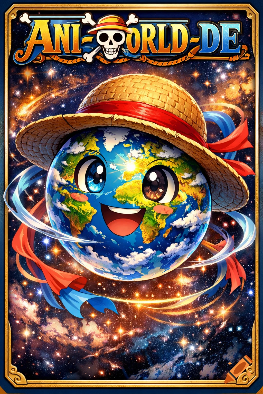 An anime-style Earth character wearing a straw hat and smiling, against a vibrant starry space background, with "ANI-WORLD-DE" text.