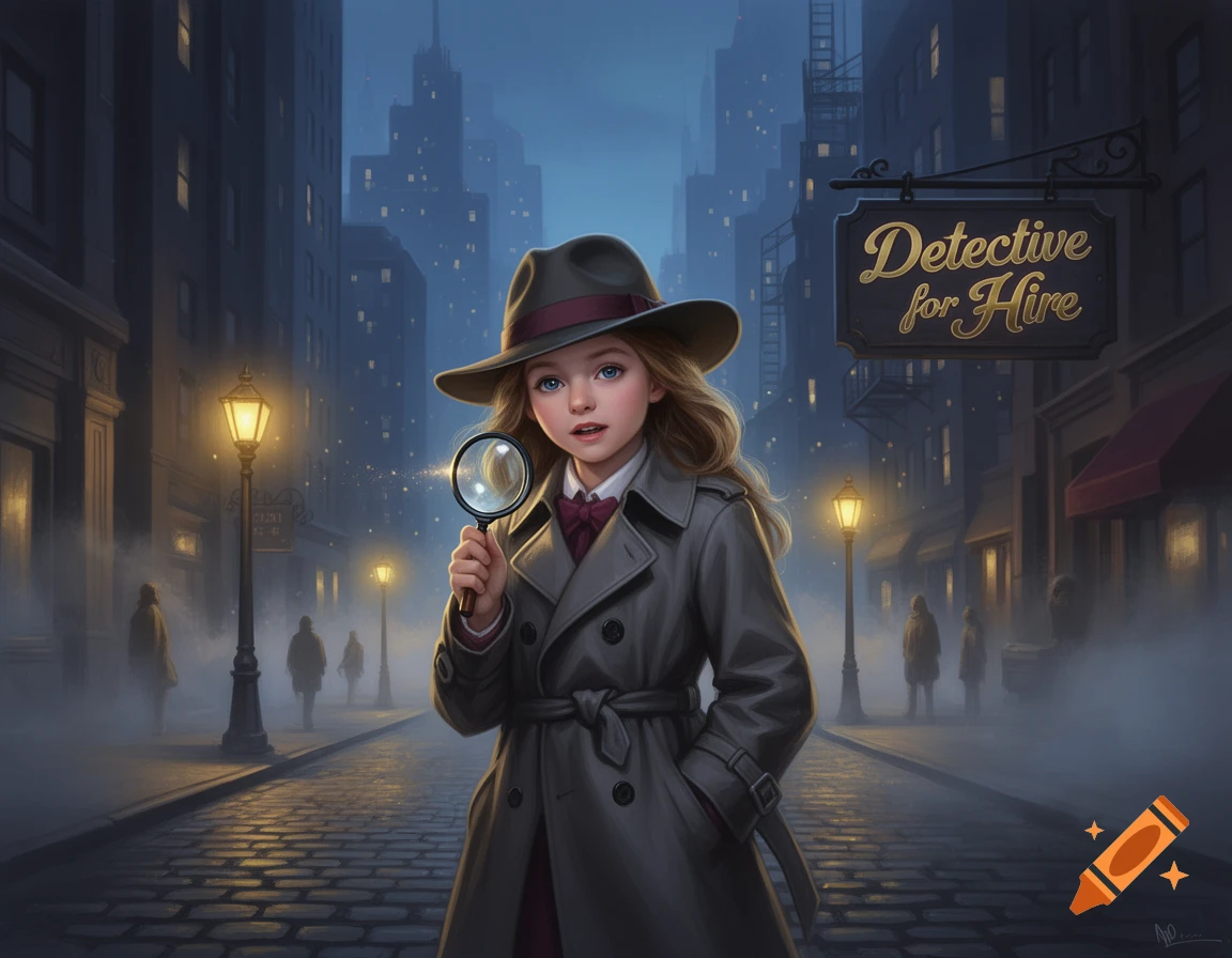 A young girl detective in a trench coat and fedora holds a magnifying glass on a foggy city street at night.