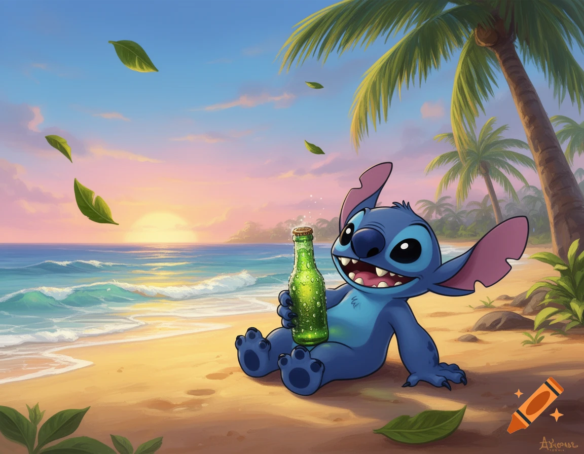 Cartoon illustration of Stitch sitting on a tropical beach at sunset, holding a green bottle.