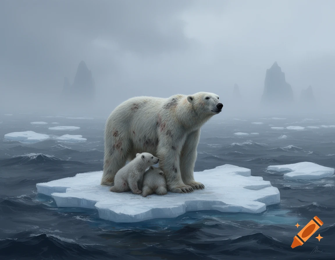 A mother polar bear with faint reddish marks on its fur and two cubs stand on a small ice floe in a gray, wavy ocean with misty mountains in the background.