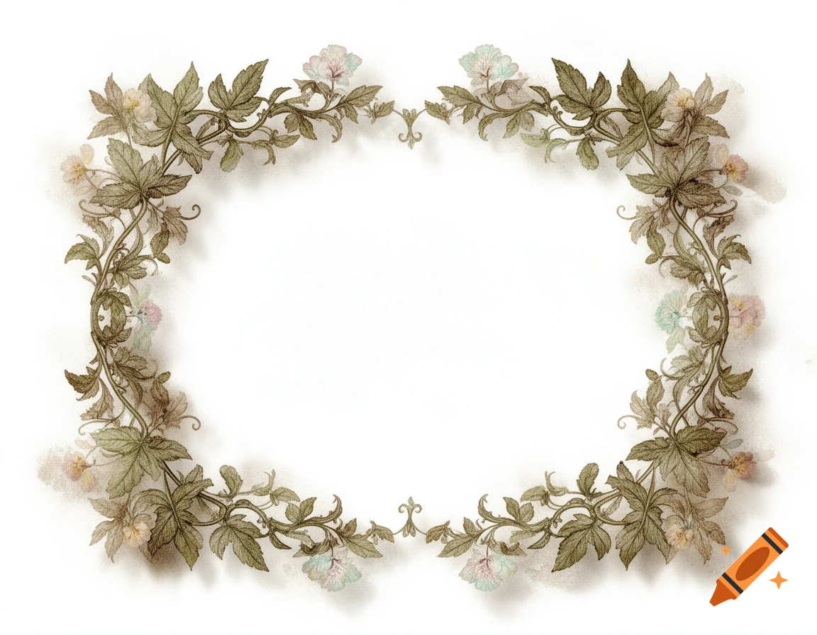 A shabby chic, vintage-style floral frame with green leaves and light pink and blue flowers on a white background.