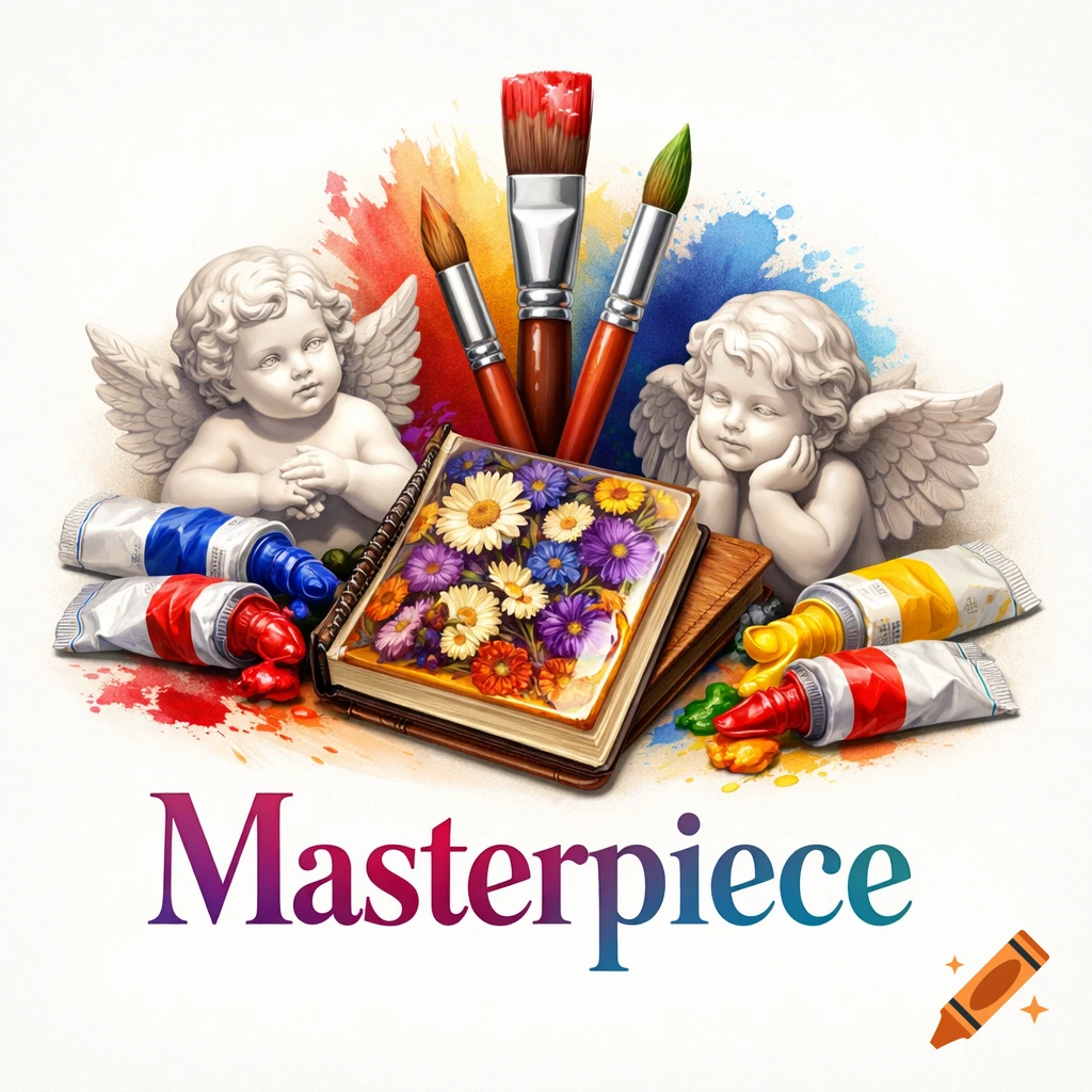 Stylized art logo featuring two cherub statues, paintbrushes, colorful paint tubes, and a notebook with dried flowers, with 'Masterpiece' text below.