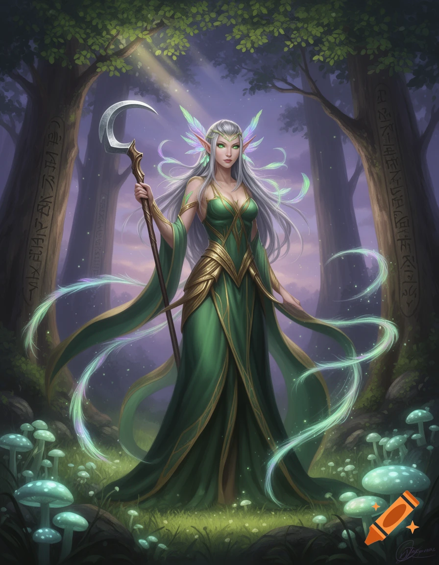 A fantasy elf woman with long silver hair, green eyes, and pointed ears stands in a mystical forest, holding a crescent-moon-tipped staff, surrounded by glowing mushrooms.