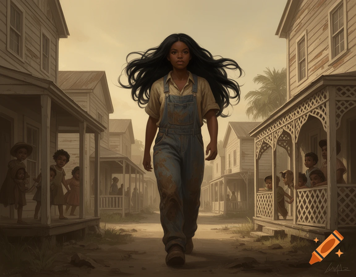 A young Black woman with long flowing hair walks down a dusty village street, wearing a faded shirt and muddy overalls, with villagers and children watching from their porches.