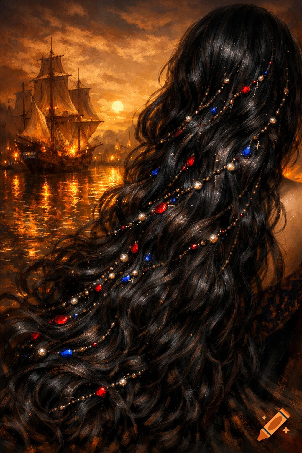 Digital painting of a woman's back with long, dark, wavy hair adorned with red, blue, and pearl-like jewels, set against a harbor with sailing ships at sunset.