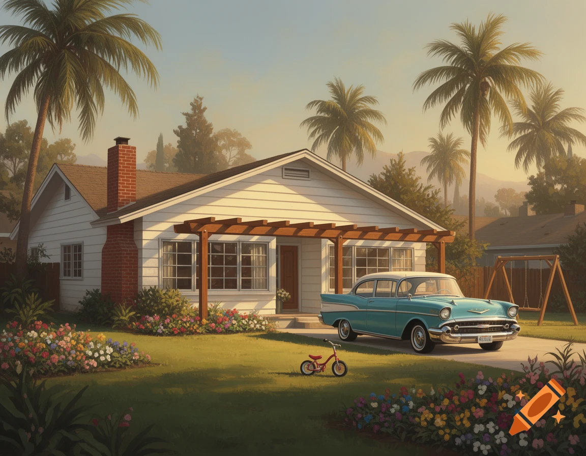 A white house with a brick chimney and a wooden pergola, surrounded by a green lawn and colorful flowers, with palm trees under a soft, hazy sky. A teal vintage car is parked in the driveway next to a small red bicycle.