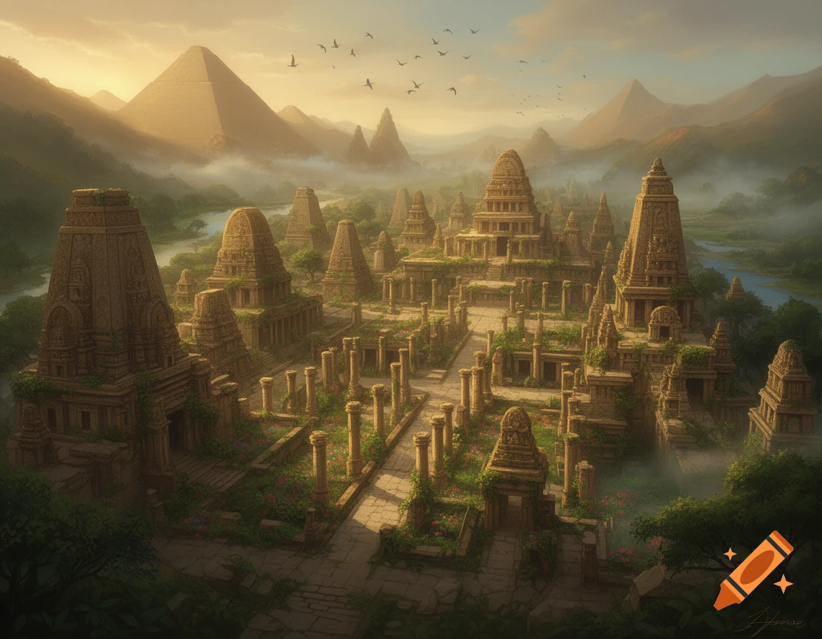 An ancient, overgrown city with numerous temple structures and pillars in a misty valley at sunset, surrounded by mountains and a river.