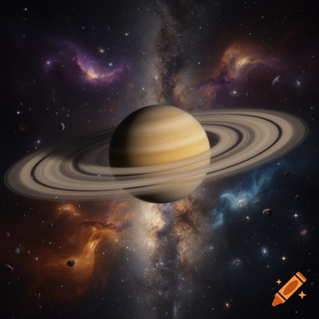 A detailed image of the planet Saturn with its prominent rings, set against a vibrant backdrop of colorful nebulae, stars, and asteroids in a galaxy.