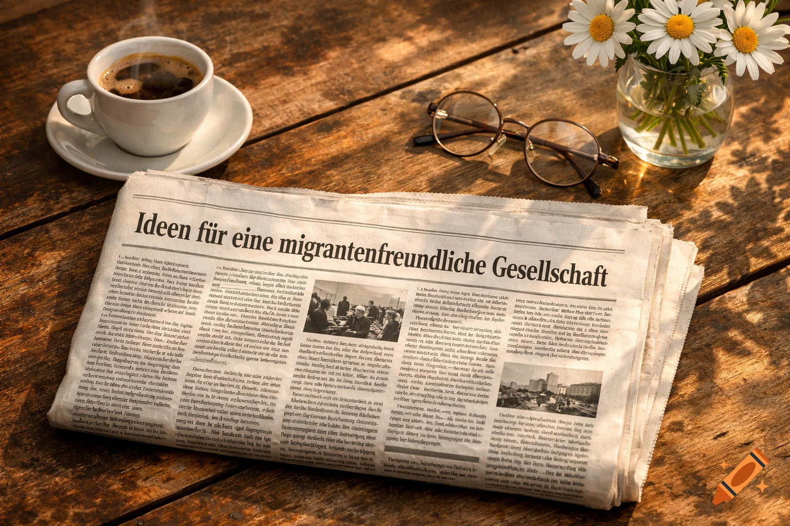 A newspaper with the headline "Ideen für eine migrantenfreundliche Gesellschaft" lies on a wooden table next to a cup of coffee, reading glasses, and a small vase of daisies, bathed in warm light.