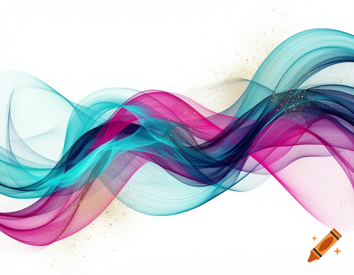 Flowing abstract waves of teal, pink, and dark blue with golden glitter on a white background.