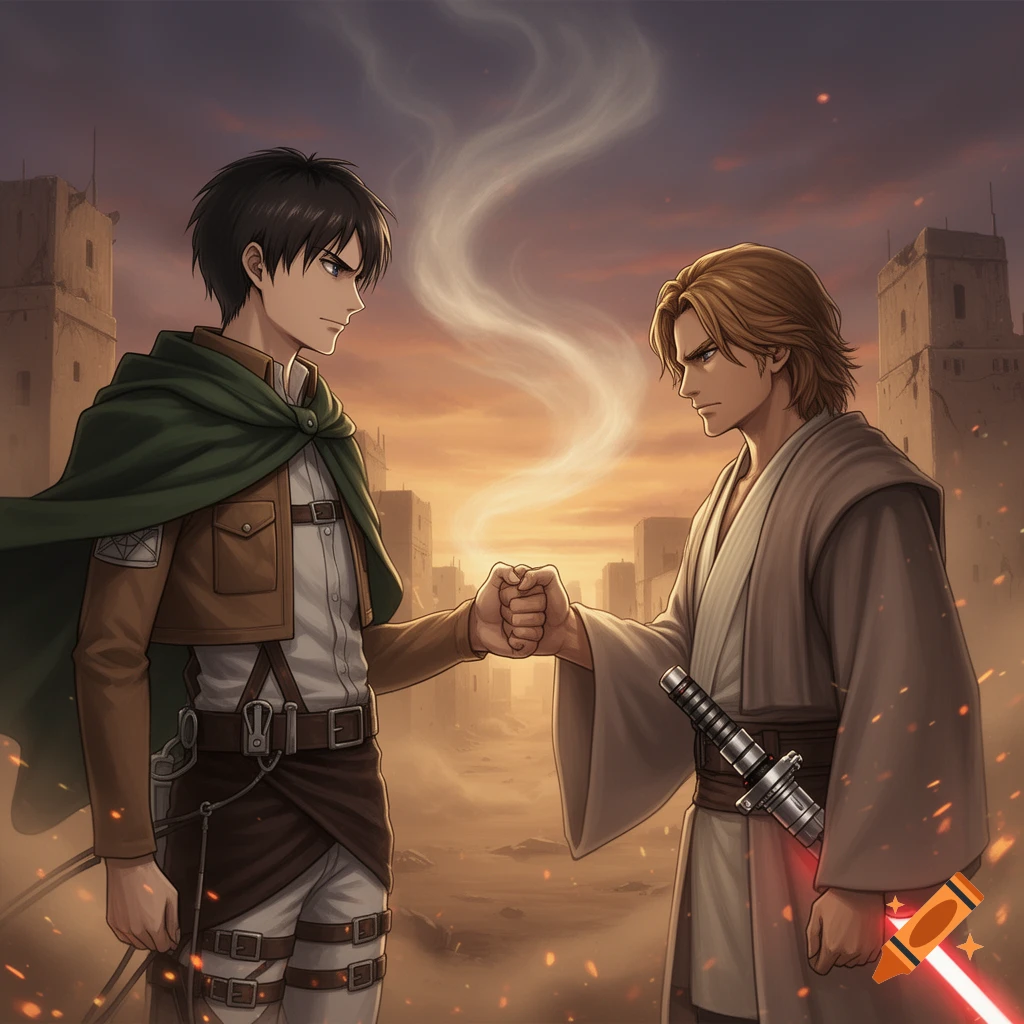 Anime-style Eren Jaeger from Attack on Titan and Anakin Skywalker from Star Wars fist-bumping in a ruined desert city at sunset.