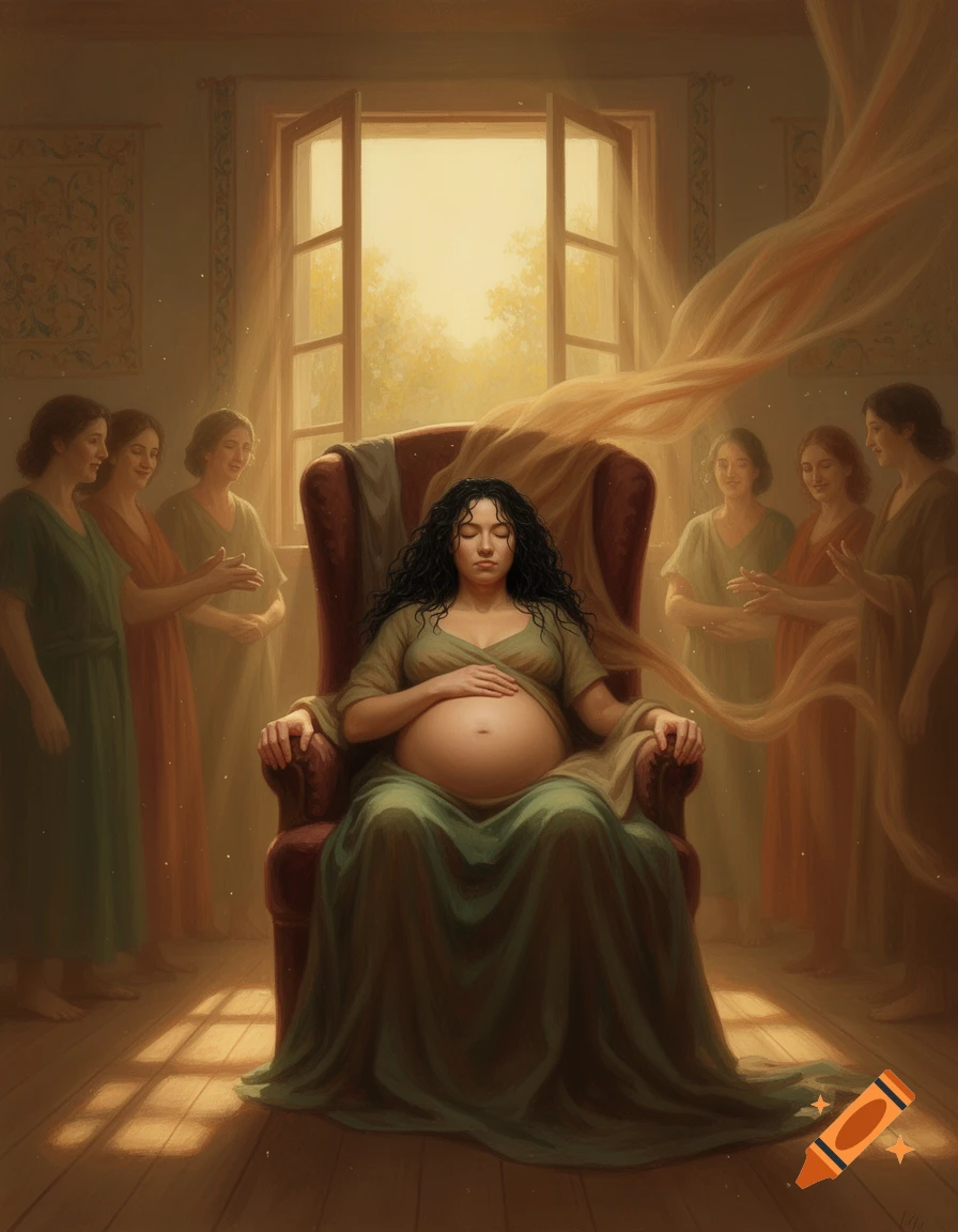 A pregnant woman with closed eyes sits in an armchair, holding her belly, surrounded by other women in a sunlit room.