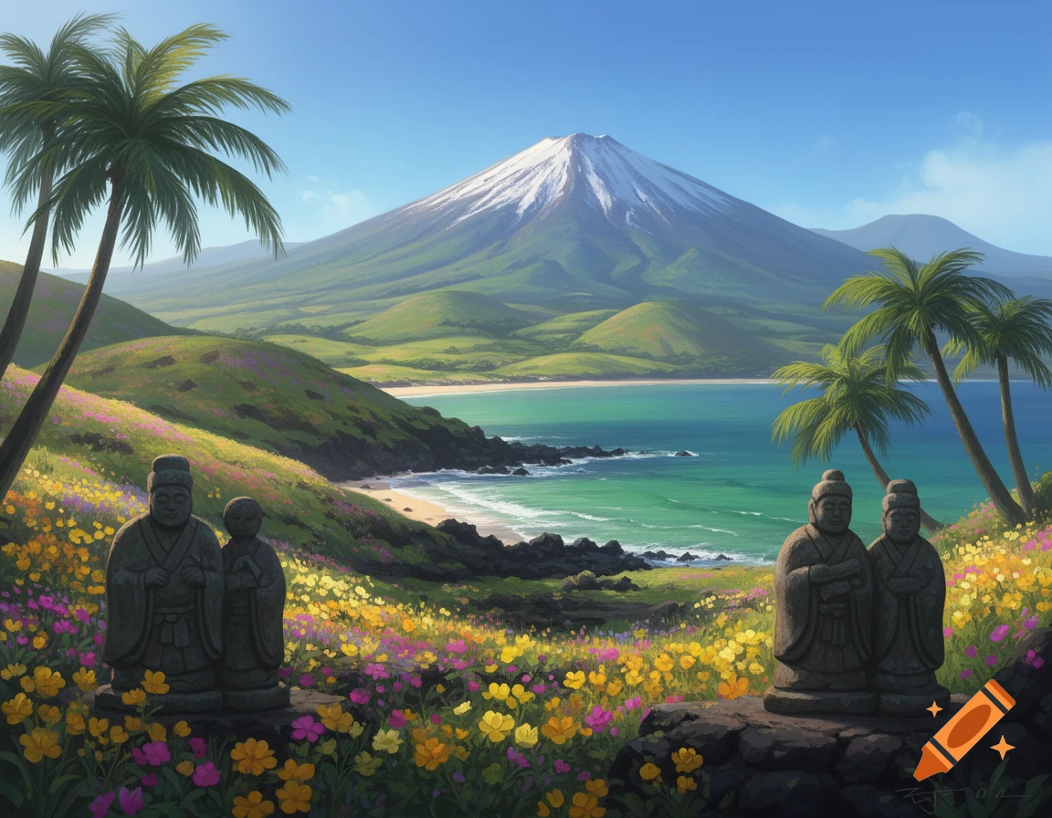 A vibrant painting of a tropical island landscape with a snow-capped mountain, turquoise ocean, flower-covered hills, and stone statues.