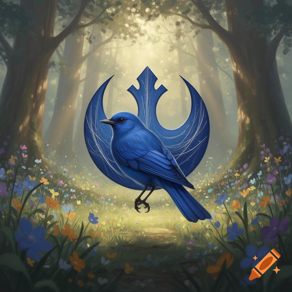 A vibrant blue bird perched in front of a blue Star Wars Rebel Alliance symbol in a sunlit forest filled with wildflowers.