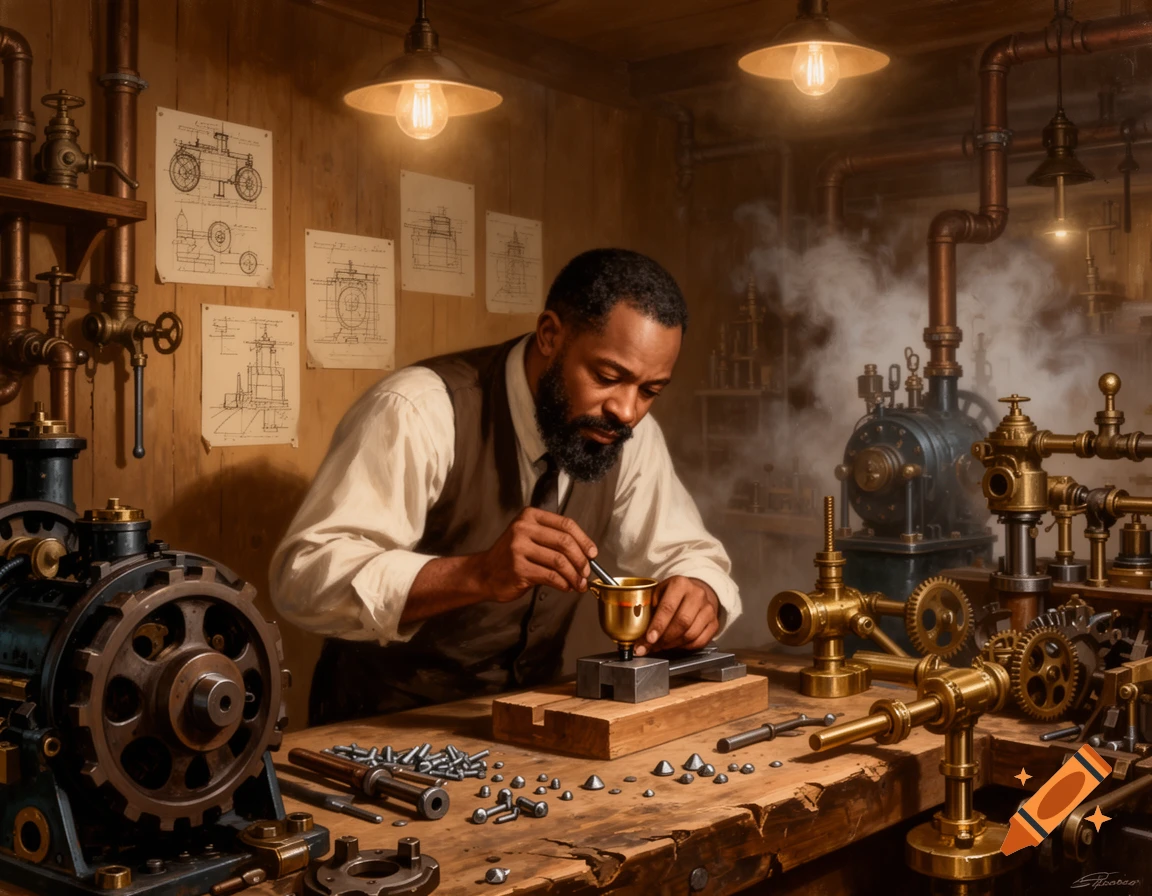 A bearded man, Elijah McCoy, meticulously works on an oil-drip cup in his detailed steampunk-style workshop, surrounded by gears and pipes.
