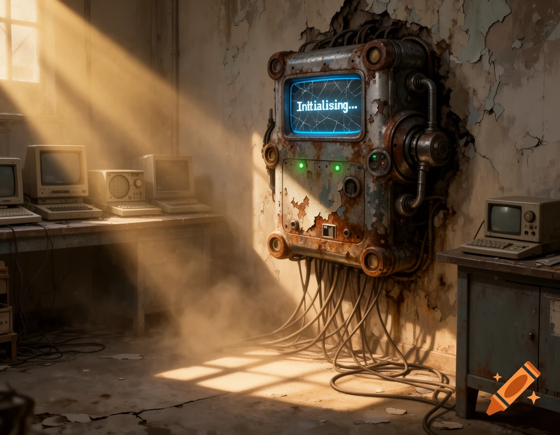 An abandoned room with retro computers and a rusty wall-mounted machine displaying 'Initialising...' in sunlit dust.