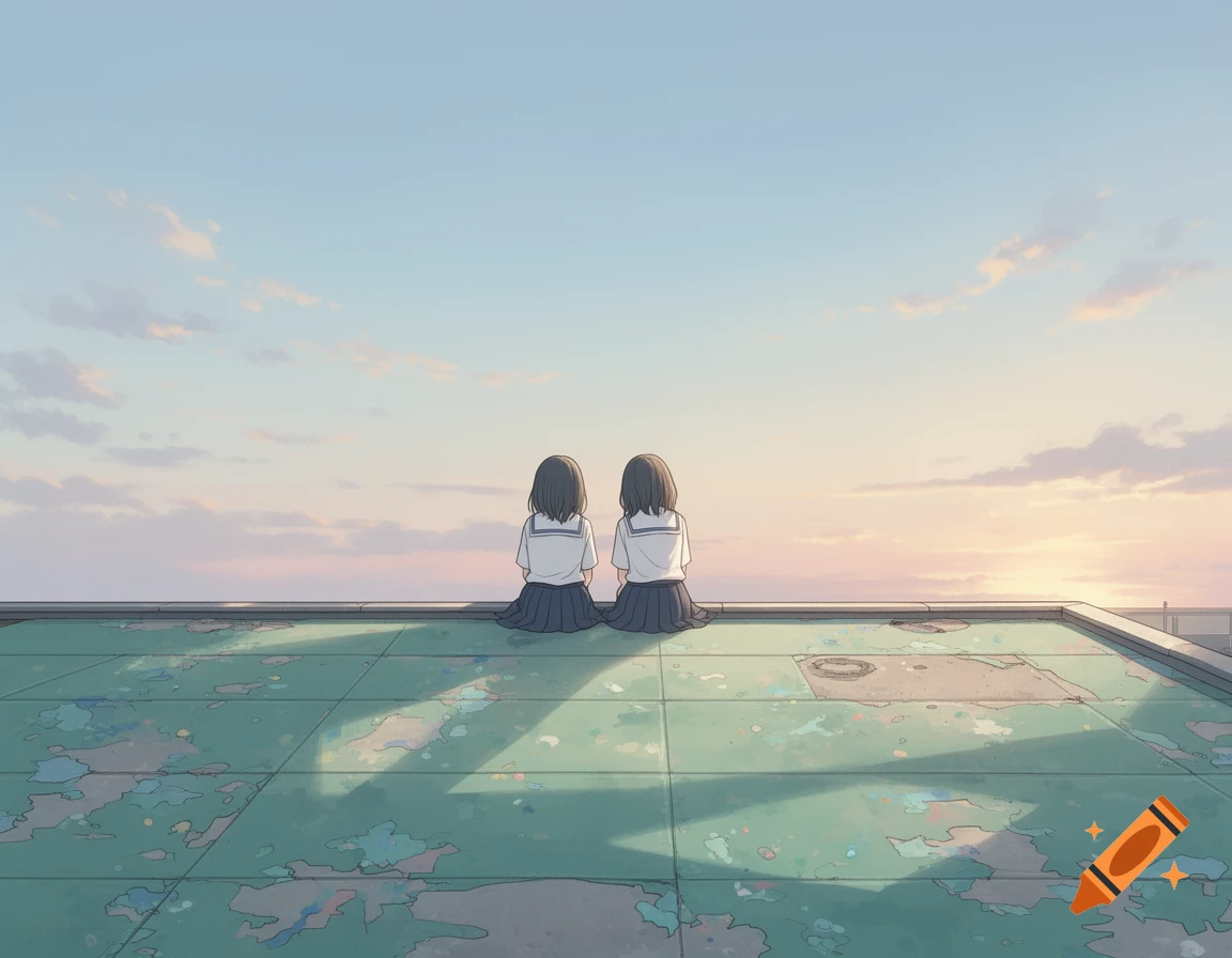 Two anime schoolgirls sit on a worn green rooftop, backs to the viewer, watching a pastel sunset over the horizon.