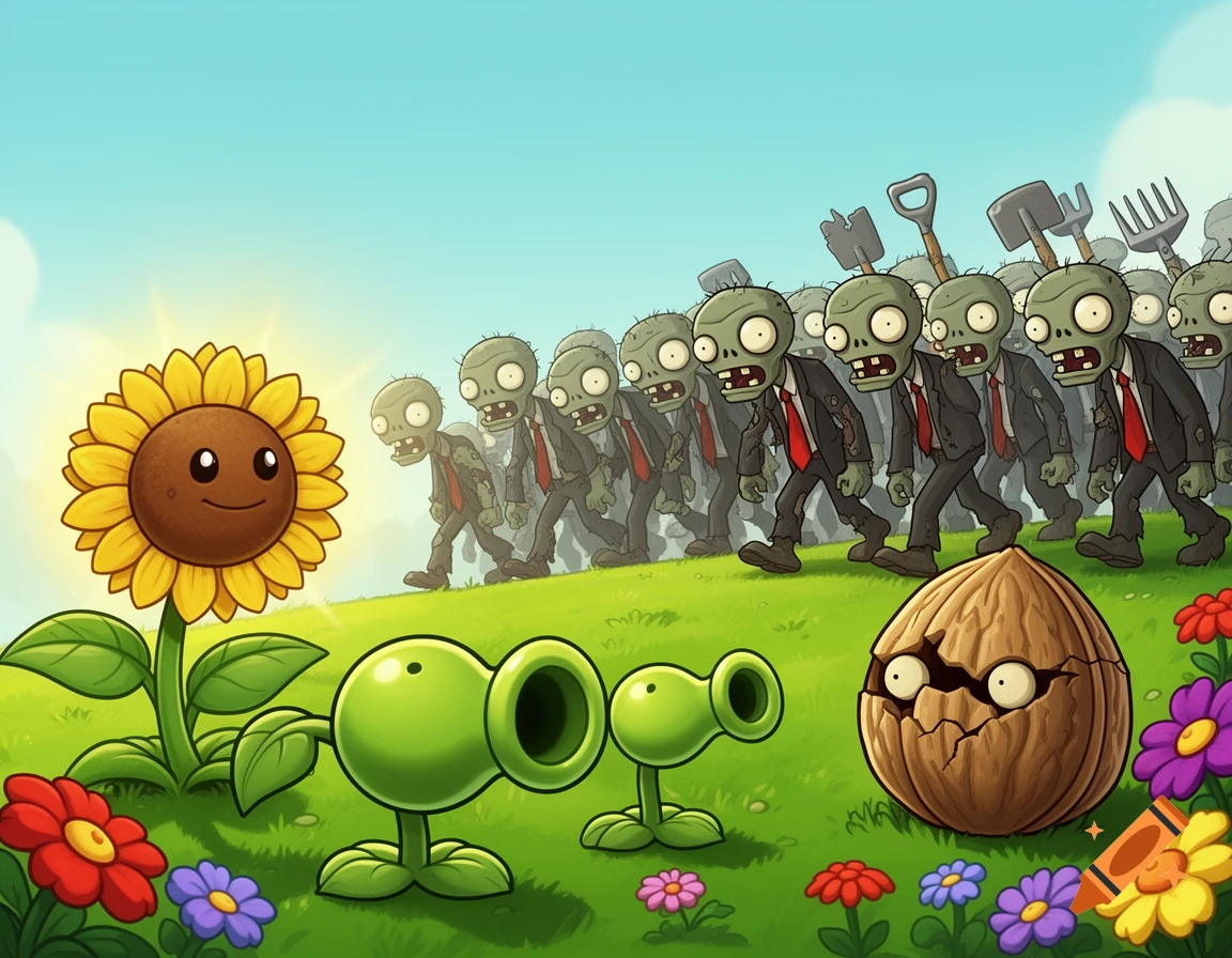 Cartoon sunflower, peashooters, and a cracked wall-nut in a grassy field, facing a line of marching zombies in suits carrying garden tools.