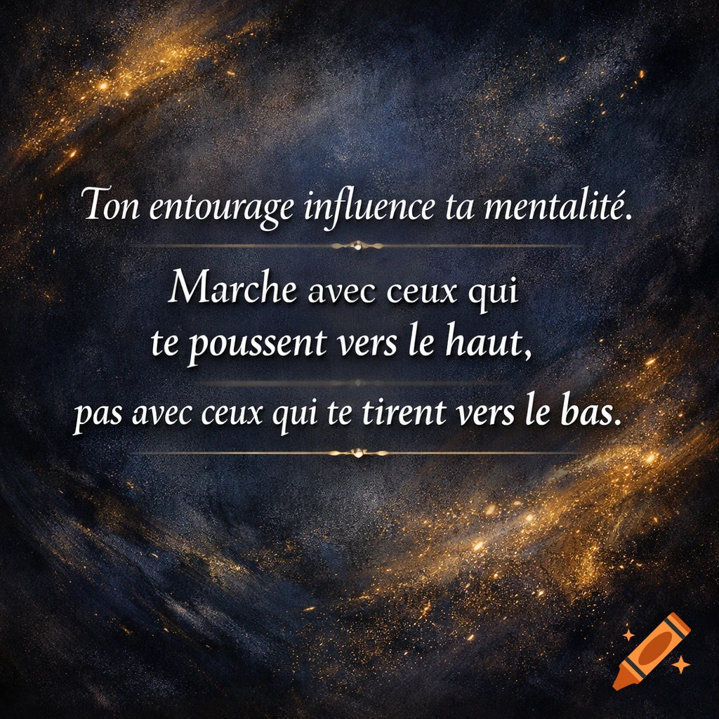 Motivational French quote on a dark, sparkling background with golden lights. The text reads: "Ton entourage influence ta mentalit Marche avec ceux qui te poussent vers le haut, pas avec ceux qui te tirent vers le bas."