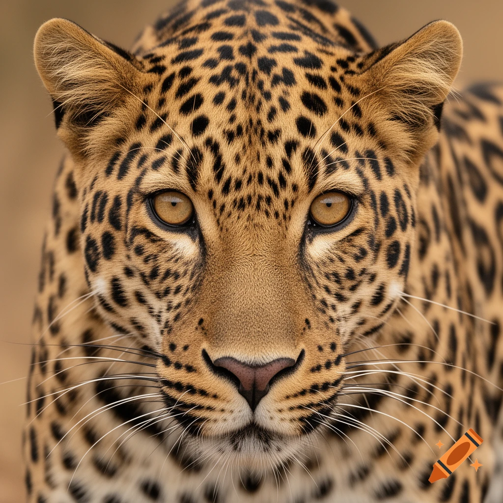 A detailed, photorealistic close-up of a leopard's face, showing its spots, whiskers, and intense amber eyes.