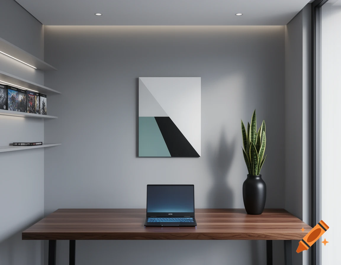 A modern, minimalistic room with a wooden desk, a laptop with a glowing keyboard, a snake plant in a black vase, and abstract art on the wall. Shelves with game boxes are on the left.